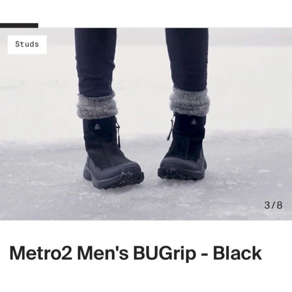 New ICEBUG Metro2 BUGrip Snow Boots Black Men Sz 8.5 Warm Traction Studs Comfort